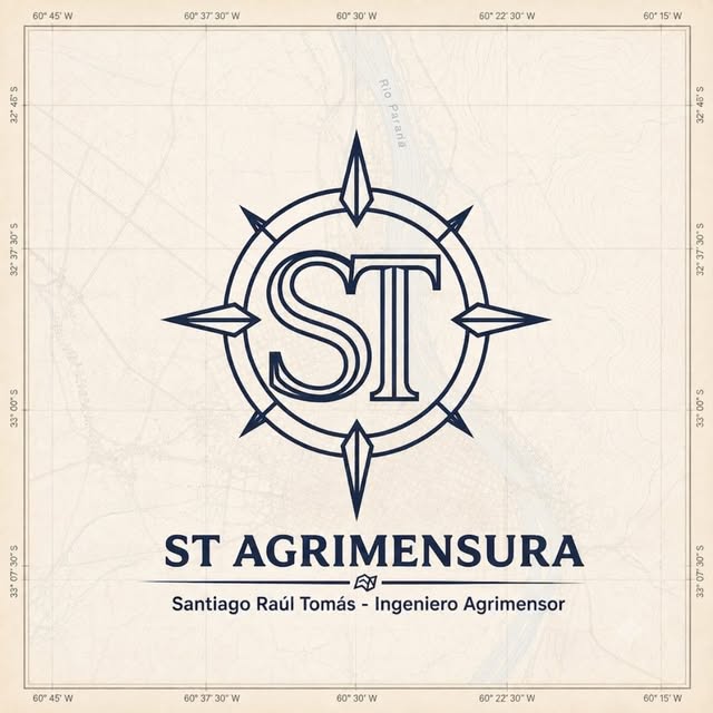 Identidad de ST Agrimensura con rosa de los vientos y cartografía